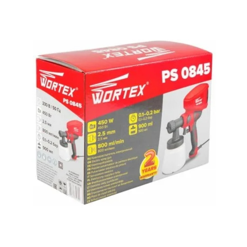 Краскораспылитель электрический Wortex PS084502911, PS 0845 в кор. 450 Вт, 800 мл/мин, 0.9 л бак