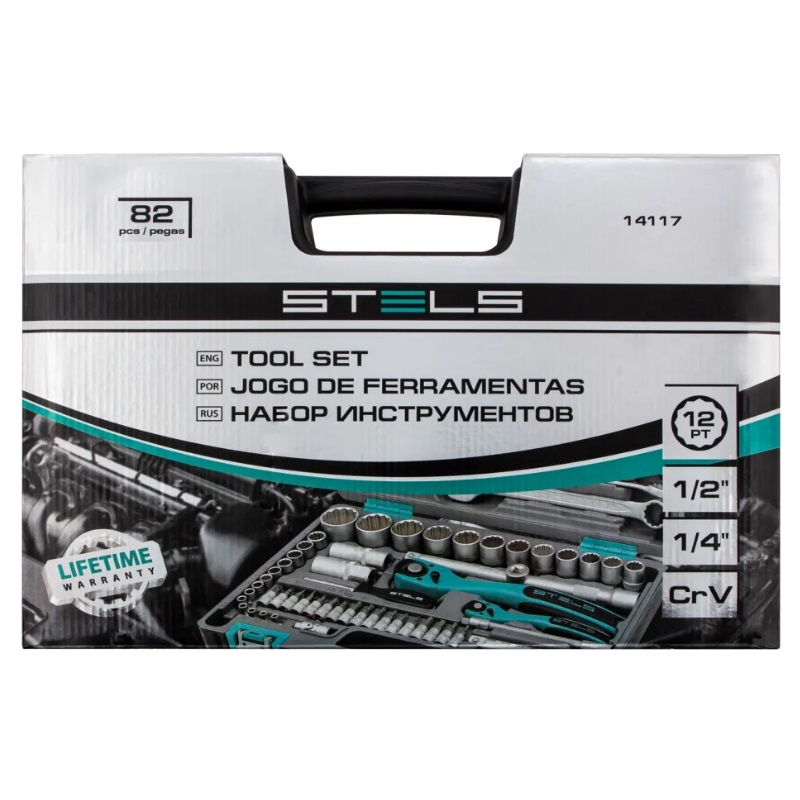 Набор инструментов Stels 14117, 1/2", 1/4", CrV, 12-гранные головки, пластиковый кейс, 82 предмета в Кинешме