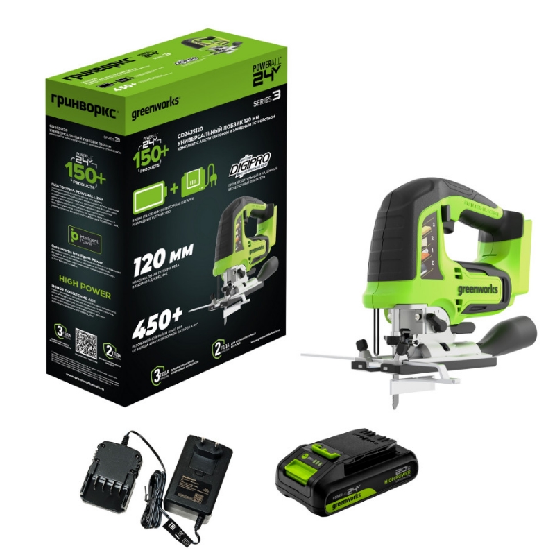 Лобзик аккумуляторный Greenworks GD24JS120 24V 3601407CUA, б/щет, 120 мм, 0-3500/мин, 4-ст.маятник,LED,1х2Ач,ЗУ,кор в Кинешме