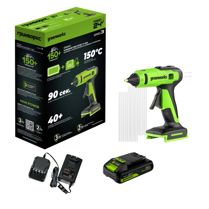 Пистолет клеевой аккумуляторный Greenworks G24GLG 3502207CUA 24V 150С нагрев 90 сек стержни 11 мм антикапля 1х2Ач ЗУ коробка 6067₽