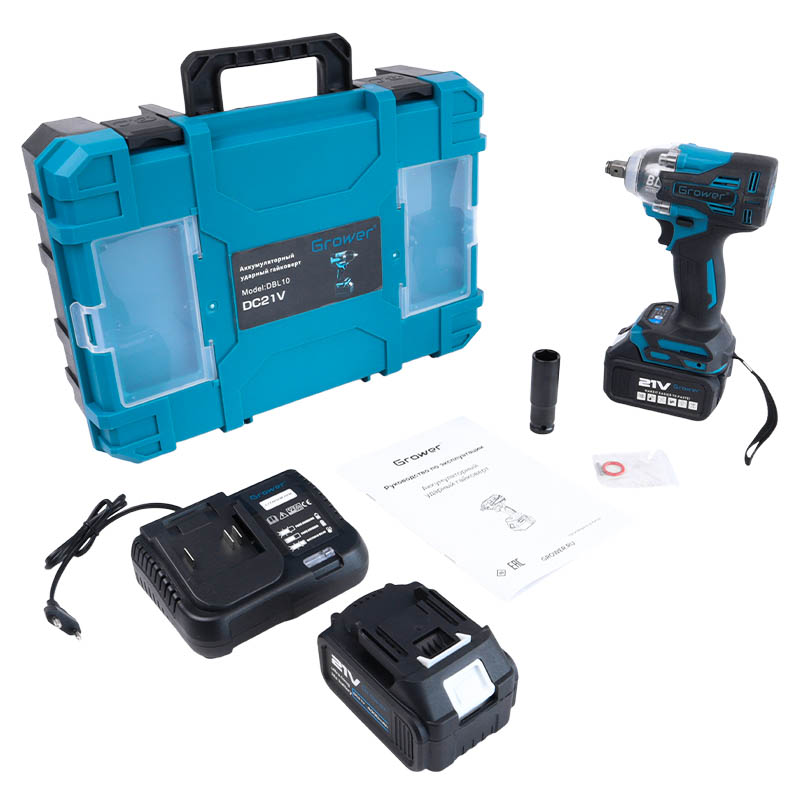 Бесщеточный ударный гайковерт Grower DBL10, 450 Нм, 21v (под Makita LXT), 4Ah аккумулятор 2 шт, в кейсе