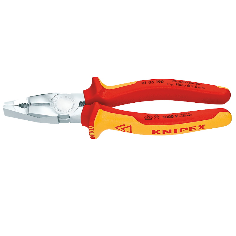 Плоскогубцы комбинированные Knipex KN-0106190 VDE для тяжёлых нагрузок 190 мм хром двухкомпонентные диэлектрические ручки 6048₽