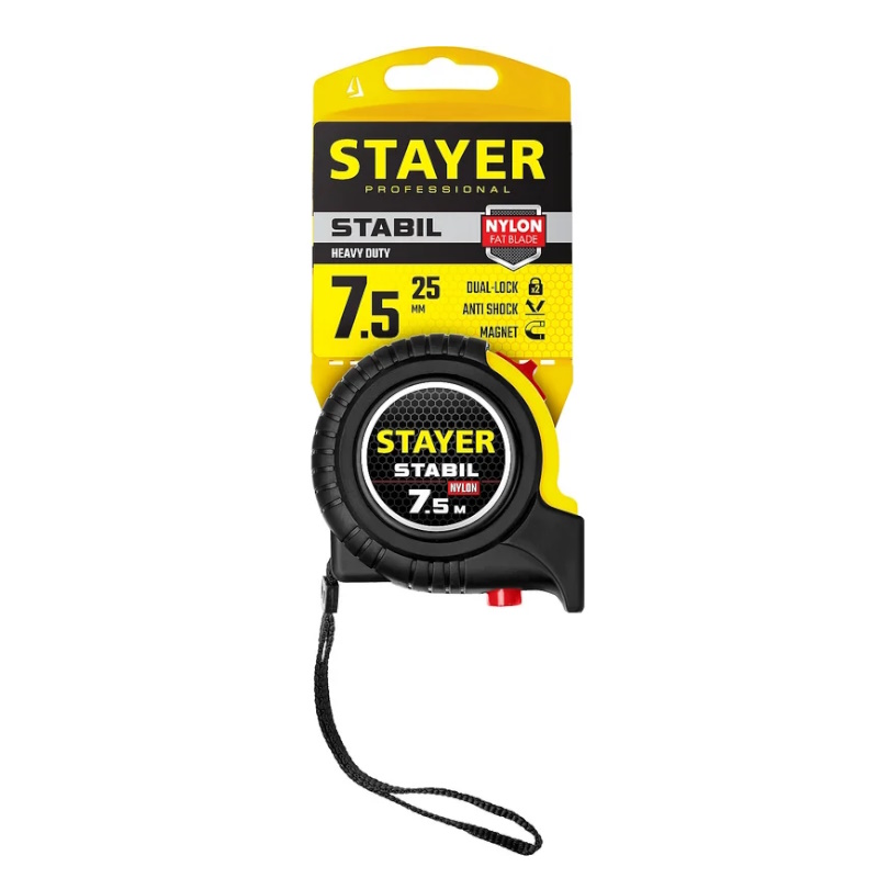 Рулетка профессиональная с двухсторонней шкалой Stayer STABIL 34131-075, магнитный зацеп, 7,5 м х 25 мм   в Рыбинске
