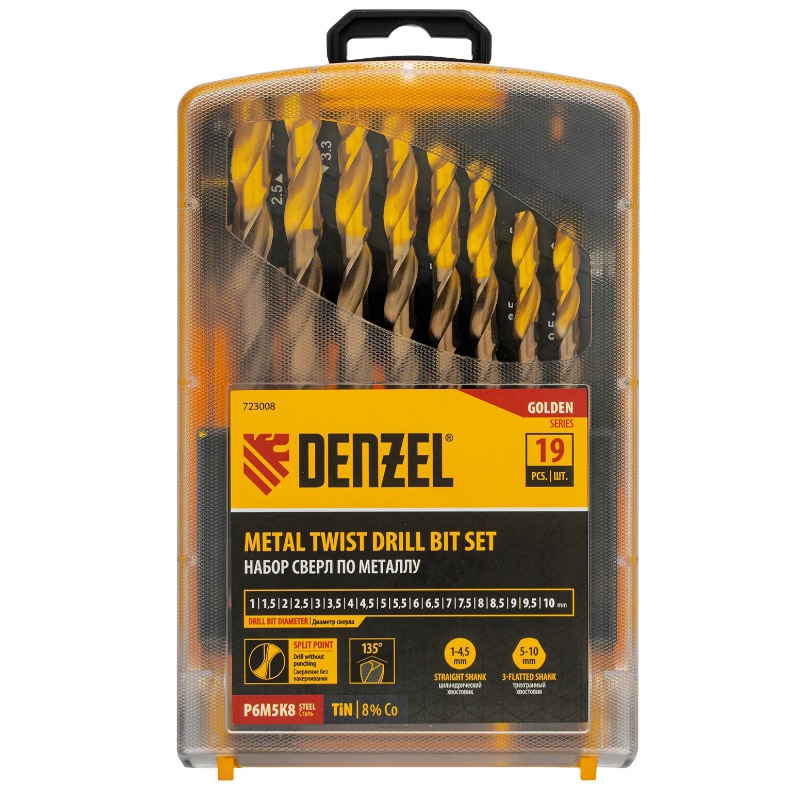 Набор сверл по металлу Denzel 723008, 1-10 мм, Р6М5К8-TiN, Golden Tip, 19 шт. в Рыбинске