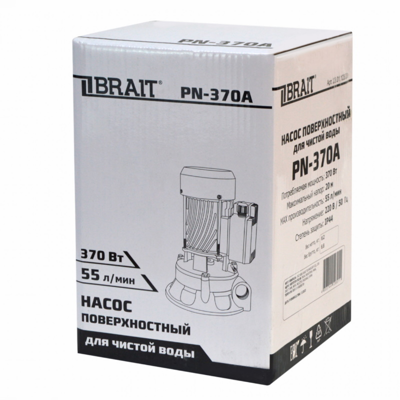 Насос поверхностный Brait PN-370A 23.01.123.056, 370Вт, 55л./мин., максимальная глубина всасывания 8м в Коврове