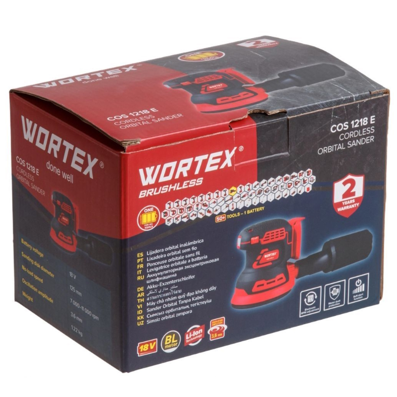 Аккумуляторная эксцентриковая шлифмашина Wortex COS 1218 E 1334402, в коробке ALL1 SOLO в кор. бесщеточный, 18В, 125 мм, 700