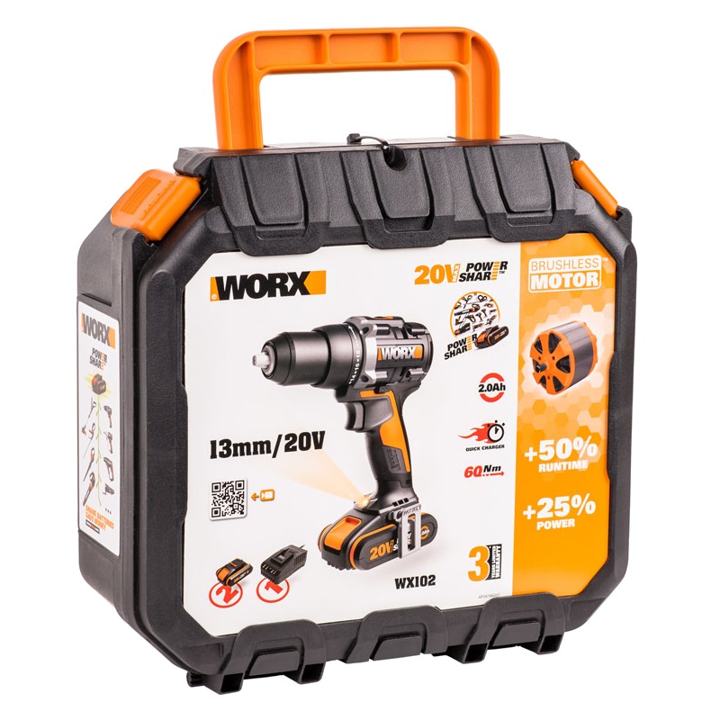 Дрель-шуруповерт WORX WX102 аккумуляторная , 20В, 60Нм, бесщеточная, 2Ач х2, ЗУ, кейс в Кинешме