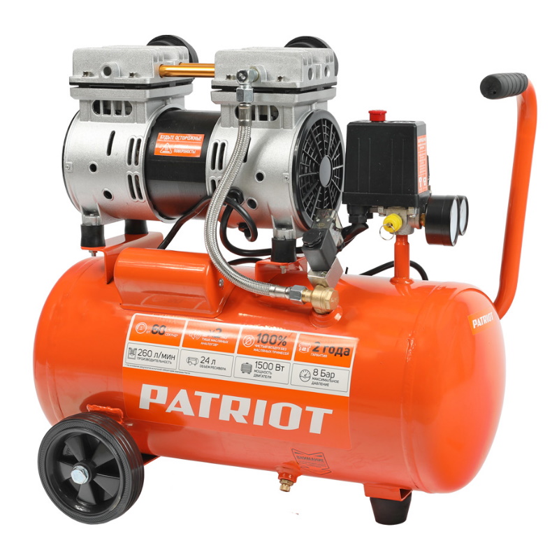 Компрессор поршневой Patriot WO 24-260S 525301921, безмасляный, 260 л/мин, 8 бар, 1500 Вт, 24 л, быстросъемный 1/4" в Иваново
