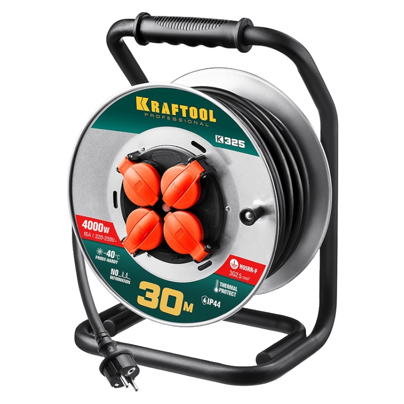 Силовой удлинитель на стальной катушке Kraftool K-325 55086-30 КГ 3х25 30м 4000Вт IP44 13111₽