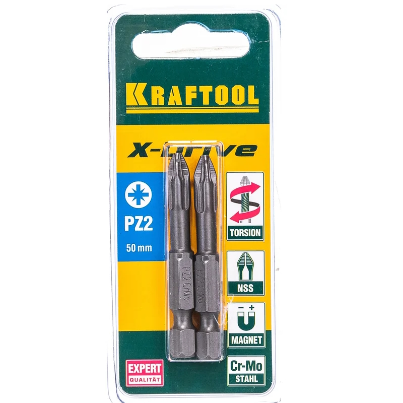 Биты Kraftool "ЕХPERT" 26123-2-50-2, торсионные кованые, обточенные, Cr-Mo сталь, тип хвостовика E 1/4", PZ2, 50мм, 2шт в Муроме