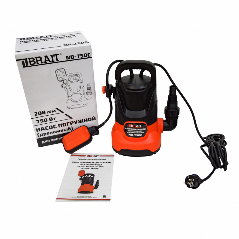 Насос дренажный погружной Brait ND-750C 23.01.158.077, 208л/м, 750Вт, 5 мм, максимальный напор 9м в Костроме