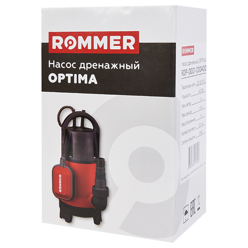 Насос дренажный Rommer OPTIMA RDP-0001-000400, кабель 10 м, H-5 м, Q-8 м3/ч, 400 Вт, универсальный во Владимире