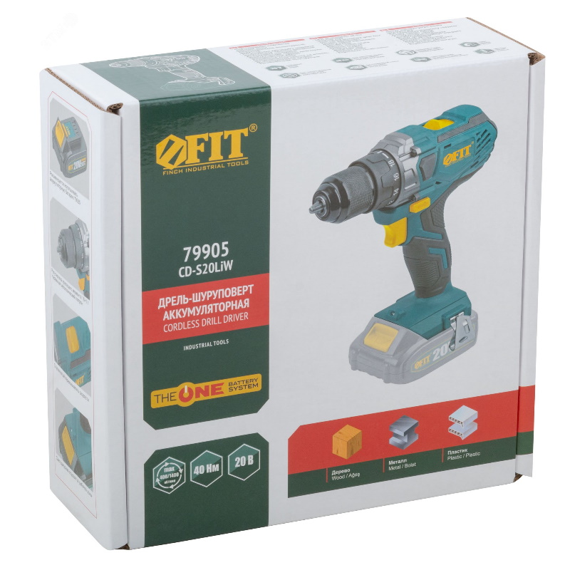 Дрель-Шуруповерт Fit 79905, аккумуляторный, 20 В, 0-400/1400 об/мин, 40 Нм, 1,4 кг, рез. накл., без АКБ в Кинешме