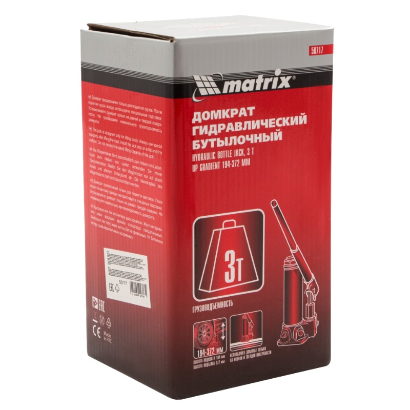 Бутылочный гидравлический домкрат Matrix 50717 (3 т, 194-372 мм) в Костроме