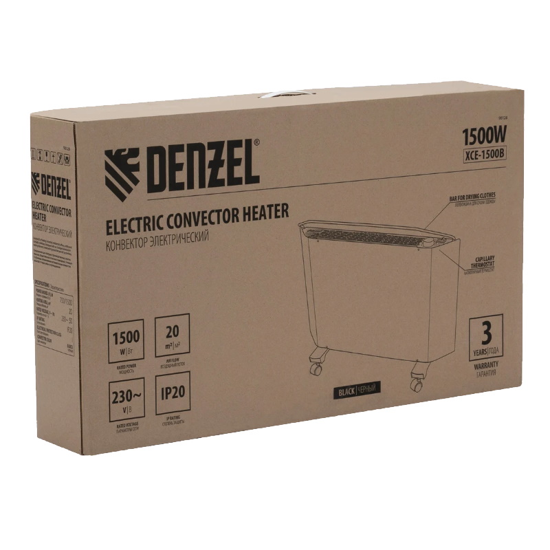 Конвектор электрический Denzel XCE-1500B 98128, 230 В, 1500 Вт, черный, сушилка, колеса, Х-элемент в Иваново