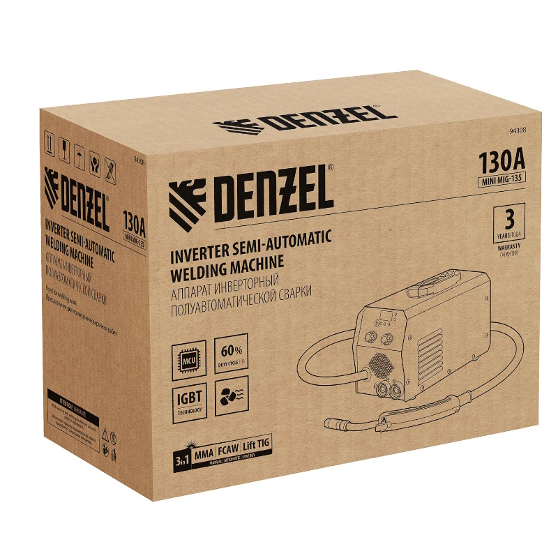 Аппарат инверторный полуавтоматической сварки Denzel Mini MIG-135 94308, 130 А, ПВ 60% в Иваново