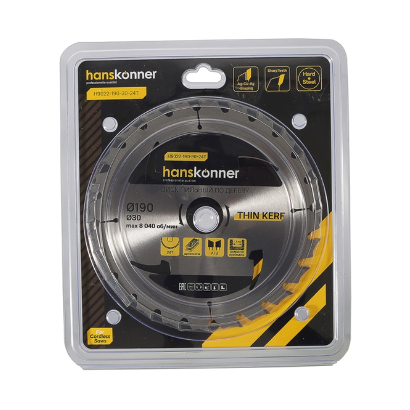 Пильный диск по дереву Hanskonner THIN KERF H9022-190-30-24T (190x30 мм, 24 зубьев) в Коврове