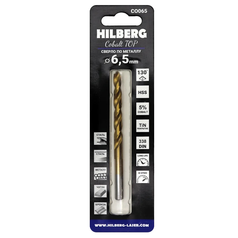 Сверло по металлу Hilberg CO065, 6.5*101(63)мм Cobalt 5% TOP в Коврове