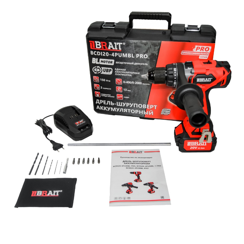 Дрель аккумуляторная Brait BCDI20-4PUMBL PRO 21.01.202.101, 20В, 1 АКБ 4,0Ач, быстрозажимной патрон, 2 скорости в Вологде