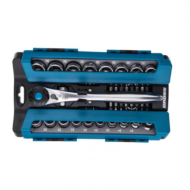 Набор торцевых головок Gross 14145, трещотка 120 зубьев, 1/2", 3/8”, CrV,  36 предметов в Иваново
