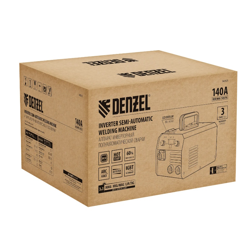 Аппарат инверторный полуавтоматической сварки Denzel MIG-140LFG Mini 94305, 140 А, ПВ 60%   в Череповце