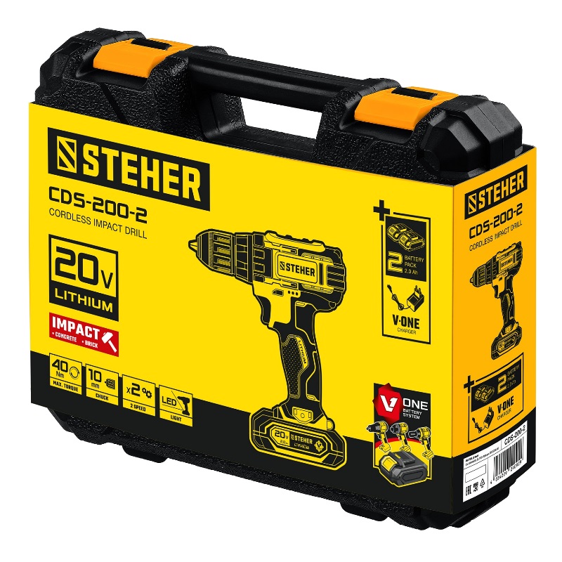 Дрель-шуруповерт ударная Steher CDS-200-2 V1, 20 В, 40 Нм, 2 АКБ (2 Ач), кейс