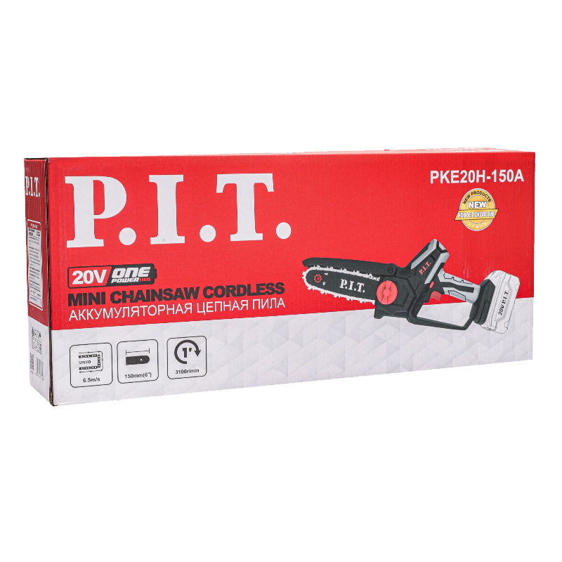 Пила цепная аккумуляторная мини P.I.T. PKE20H-150A Solo (20В, шина 6"/150 мм, 3100 об/мин, ск. цепи 6,5 м/с)