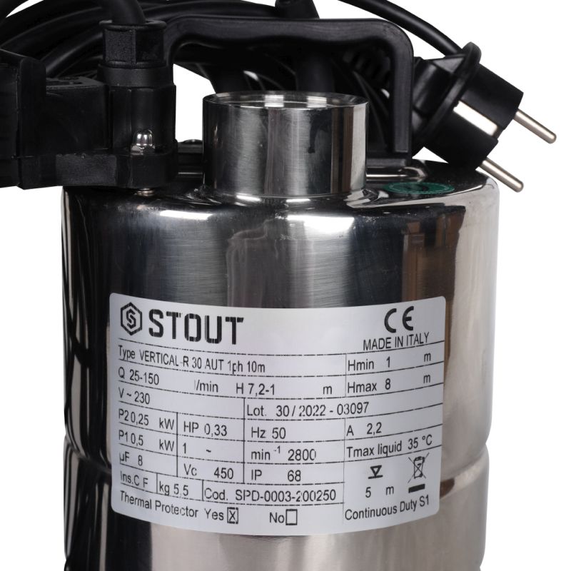 Насос дренажный с вертикальным поплавком Stout SPD-0003-200250 Q=150 л/мин H=8 м в Твери