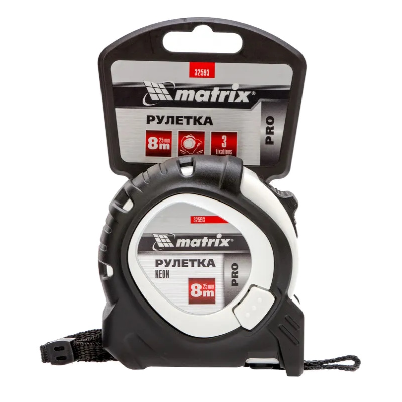 Рулетка Matrix Pro Neon 32593, 8 м x 25 мм, обрезиненный корпус, 3 фиксации в Угличе