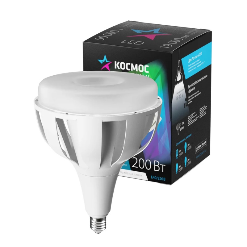 Лампа светодиодная Космос KHWLED200WE4045, LED, 200Вт, 220В, E40, D170х248, 4500К, белый, 19000 Лм