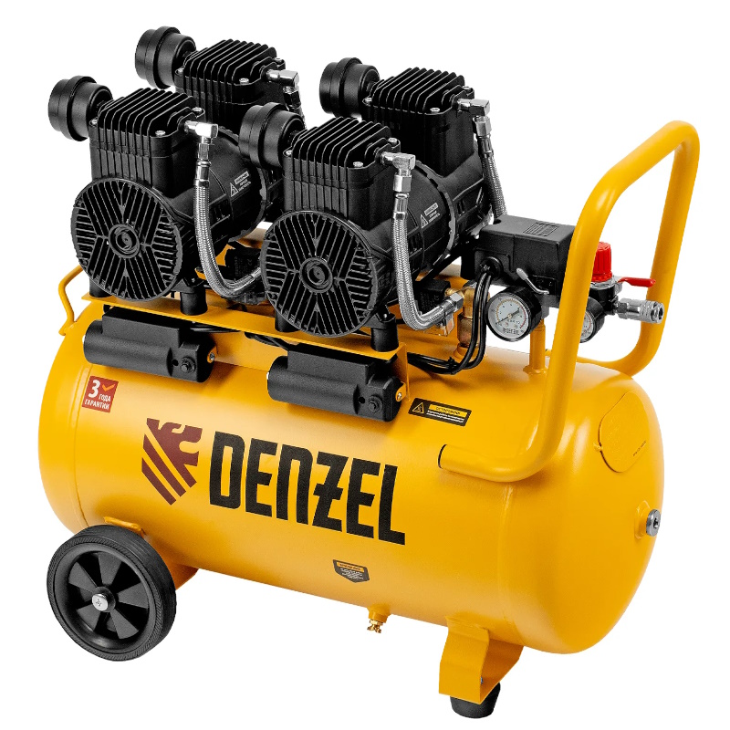Компрессор безмасляный Denzel DLP-3000/50 58144, малошумный 3 кВт, 2х1.5 кВт,50 л, 2850 об/мин, 500 л/мин в Рыбинске