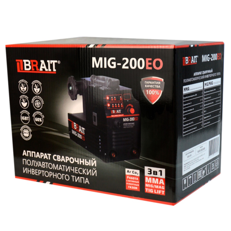 Инвертор сварочный полуавтомат Brait MIG-200EO 18.01.033.043, режим сварки:MIG/MMA/LIFT TIG во Владимире