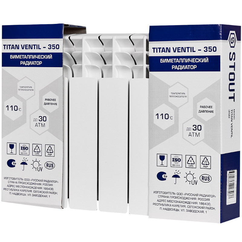 Радиатор Stout TITAN VENTIL 350 SRB-3320-035006, 6 секций, биметаллический, нижнее правое подключение, белый RAL 9016