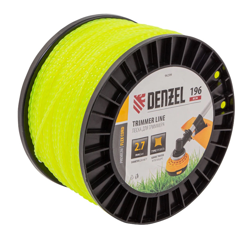 Леска для триммера Denzel FLEX CORD 96299, витой квадрат, 2,7мм х 196м, на DIN катушке в Твери