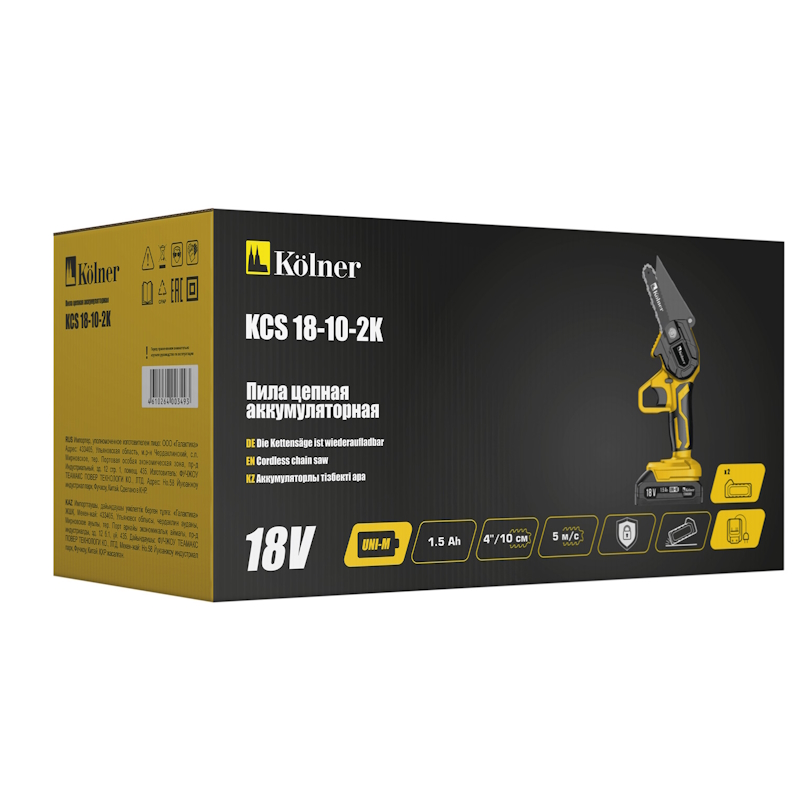 Пила цепная аккумуляторная Kolner KCS 18-10-2K 18V UNI-M Standard 4610264003493, шина 10см (4") (акб 2х1.5Ач, зу стац) в Переславле