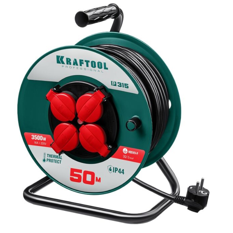 Силовой удлинитель на катушке Kraftool P-315 55084-50 ПВС 3х15 50м 3500Вт IP44 9892₽