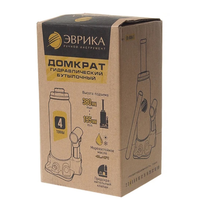 Домкрат гидравлический Эврика ER-80041, бутылочный, с клапаном, 4т, ремкомплект (выс. подъема 195-380мм) в Рыбинске