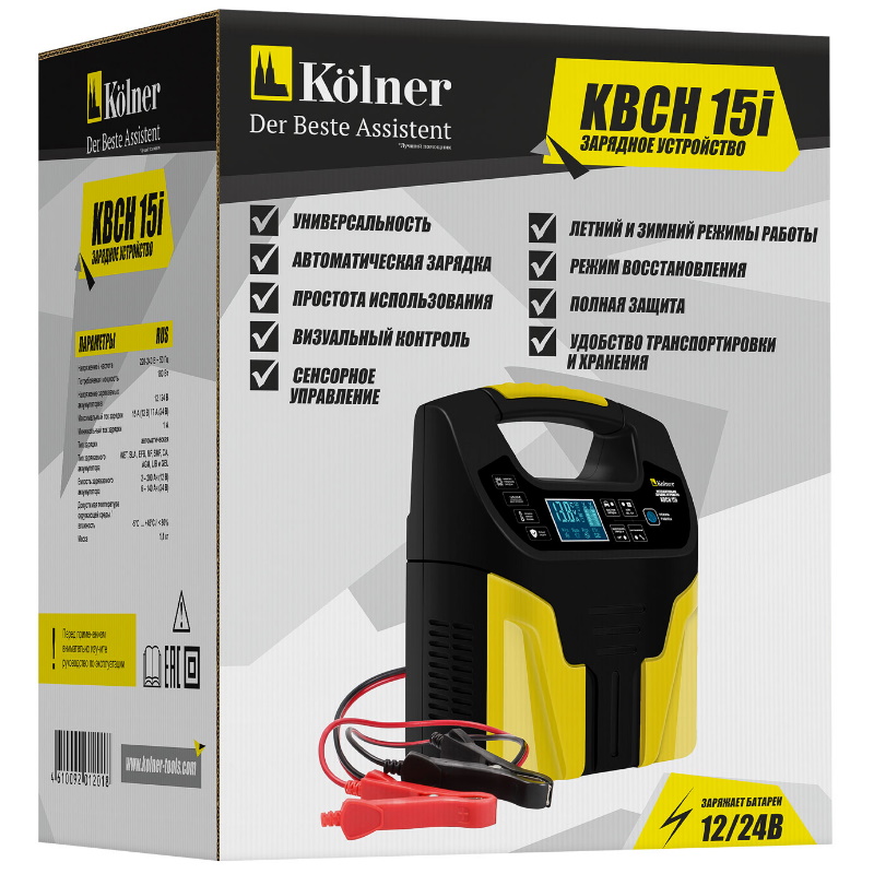 Устройство зарядное для аккумуляторных батарей Kolner KBCH 15i 4610092012018, 12В(15А) / 24В(7А), мощность 180 Вт в Костроме