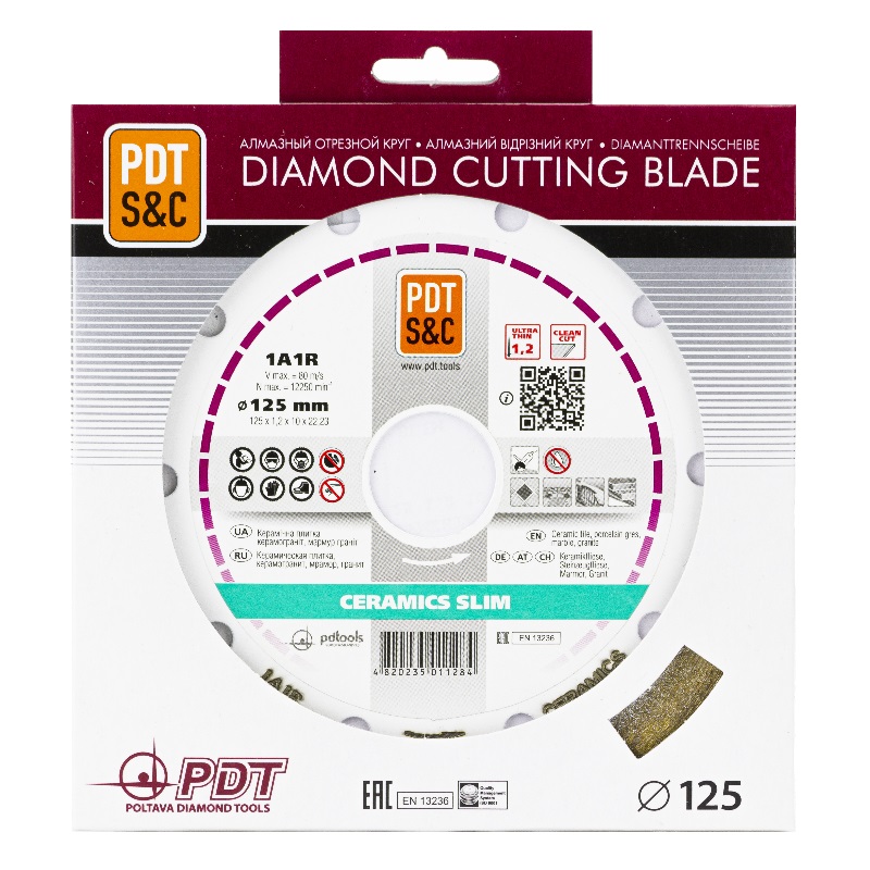 Круг отрезной алмазный PDT Ceramics Slim 1А1R (125х1.2х10х22.2 мм) 820203CRMSu в Муроме