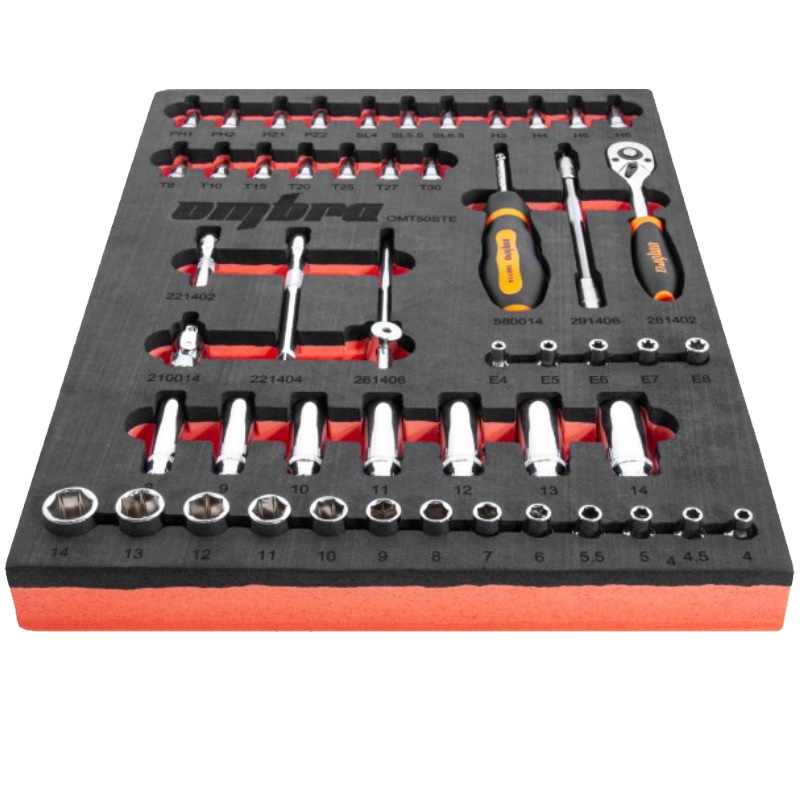 Набор головок торцевых Ombra OMT50STE 056137, 1/4" DR 4-14 мм, внешний TORX Е4-Е8, с аксессуарами, в EVA ложементе 280х375 мм, 50 предметов