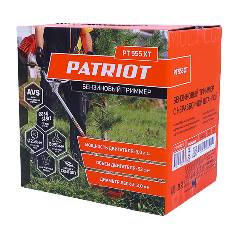 Садовая мотокоса Patriot PT 555 XT (объем двигателя 52 см3, 2х тактный мотор, 3лс)