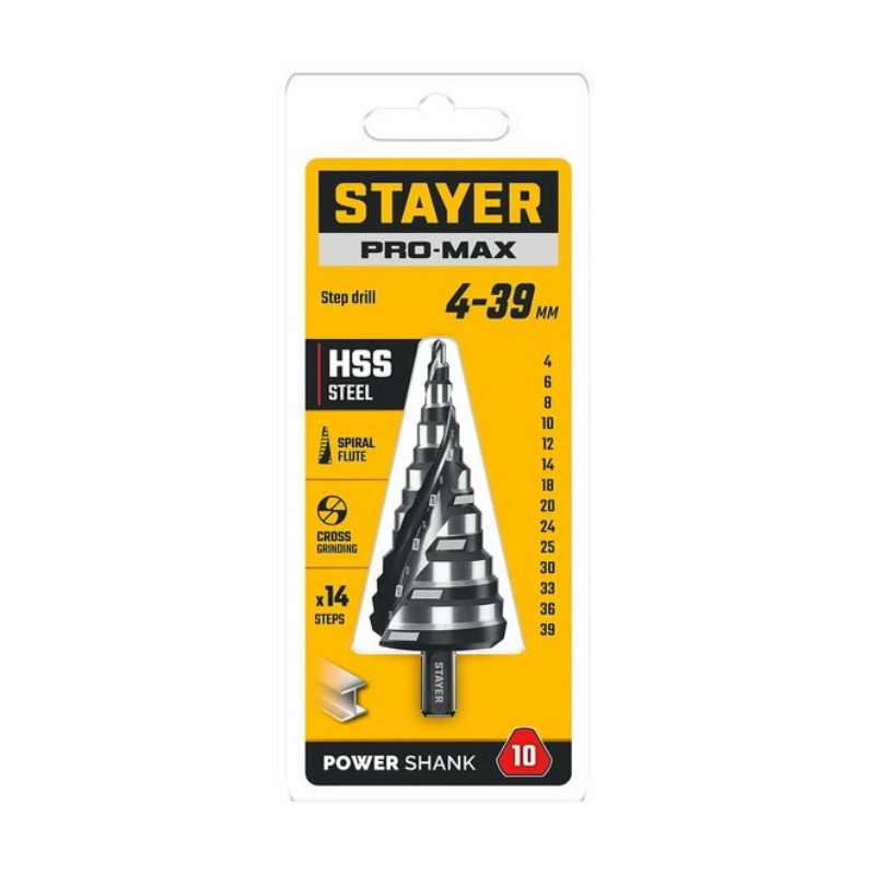 Сверло ступенчатое Stayer Pro-Max 29661-4-39-14, 4-39 мм, 14 ступеней, винтовая спираль в Туле