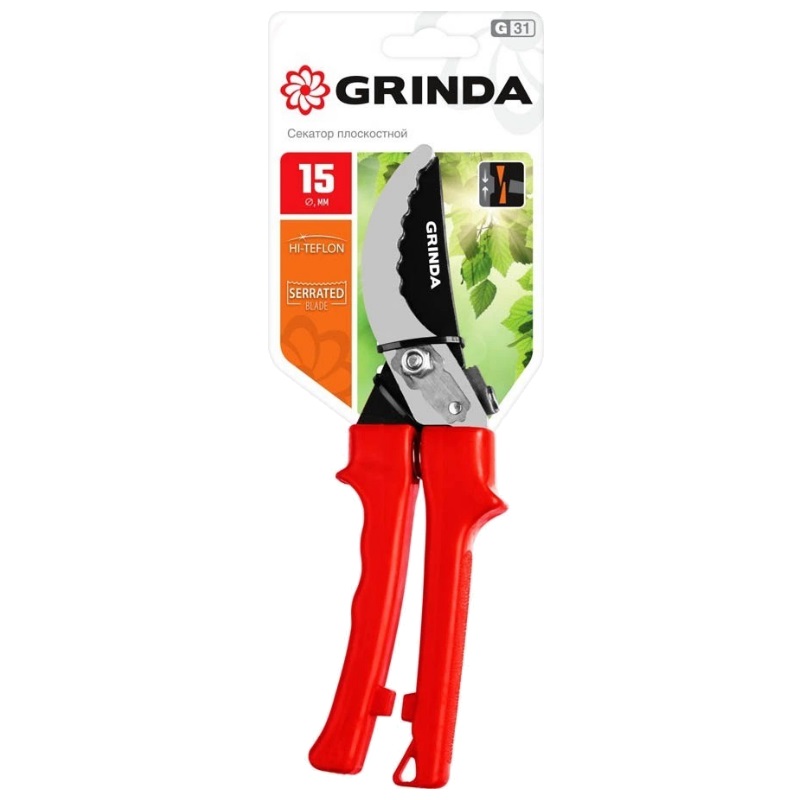 Плоскостной секатор Grinda G-31 40210_z02, 200 мм, закаленные лезвия, тефлоновое покрытие, зубцы на лезвии, пластиковые рукоятки в Муроме