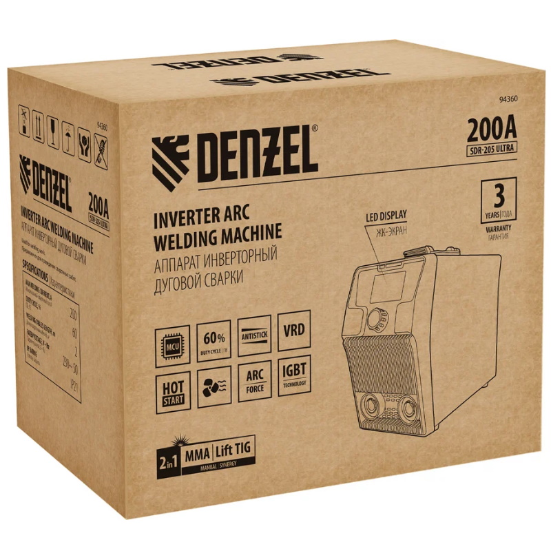 Аппарат инверторный дуговой сварки Denzel SDR-205 Ultra 94360 200 А ПВ 60