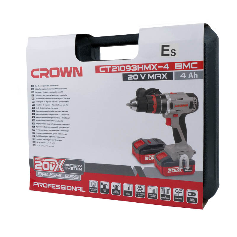 Аккумуляторный ударный шуруповерт Crown CT21093HMX-4 BMC BL (20В, 75Нм, 2*4Ач) в Костроме