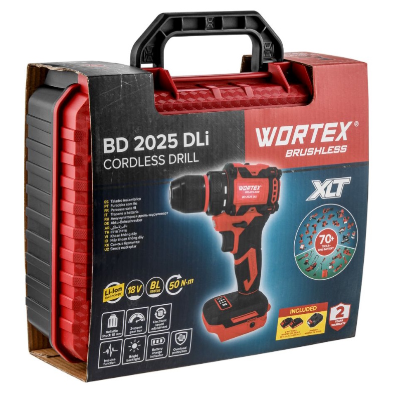 Аккумуляторная дрель-шуруповерт Wortex BD 2025 DLi 1329837, в чем. ALL1 XLT, бесщеточный, 18 В, 50 Н*м, 2х2 А*ч, БЗП 10 мм в Твери