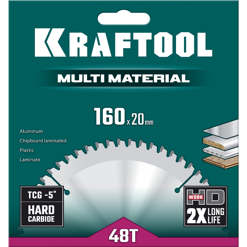 Пильный диск по алюминию Kraftool Multi Material 36953-160-20, 160 х 20 мм, 48Т в Твери