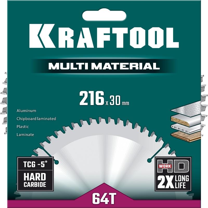 Пильный диск по алюминию Kraftool Multi Material 36953-216-30, 216 х 30 мм, 64Т в Вологде
