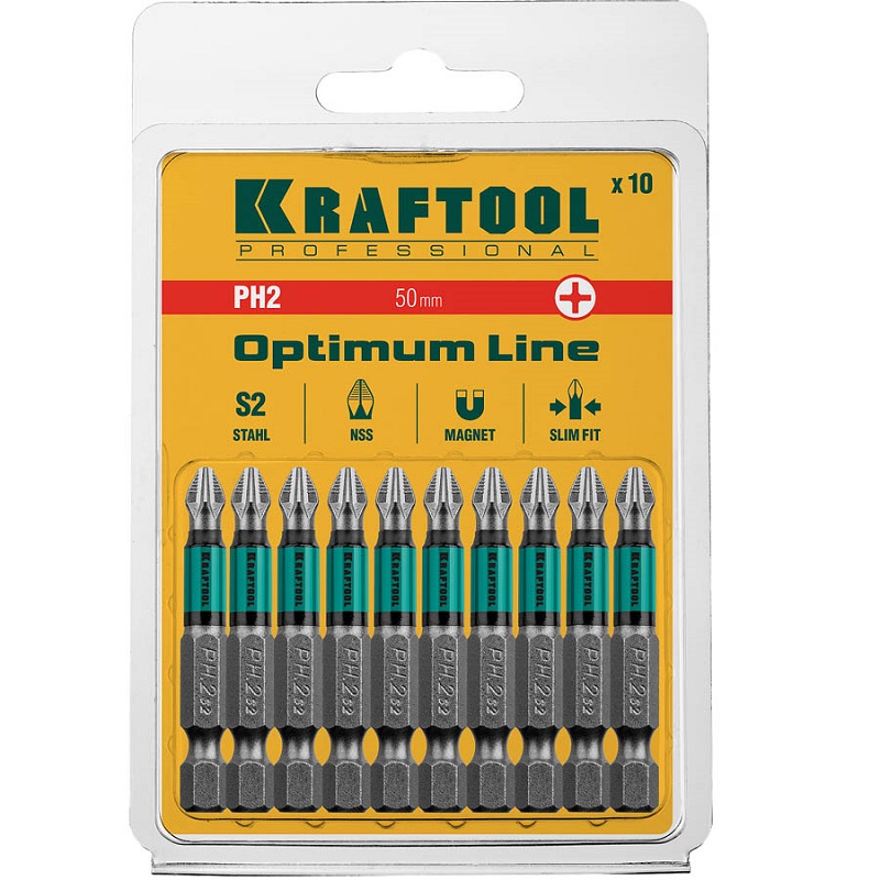 Биты PH2, 50 мм, тип хвостовика E 1/4" Kraftool 26122-2-50-10, 10 шт.