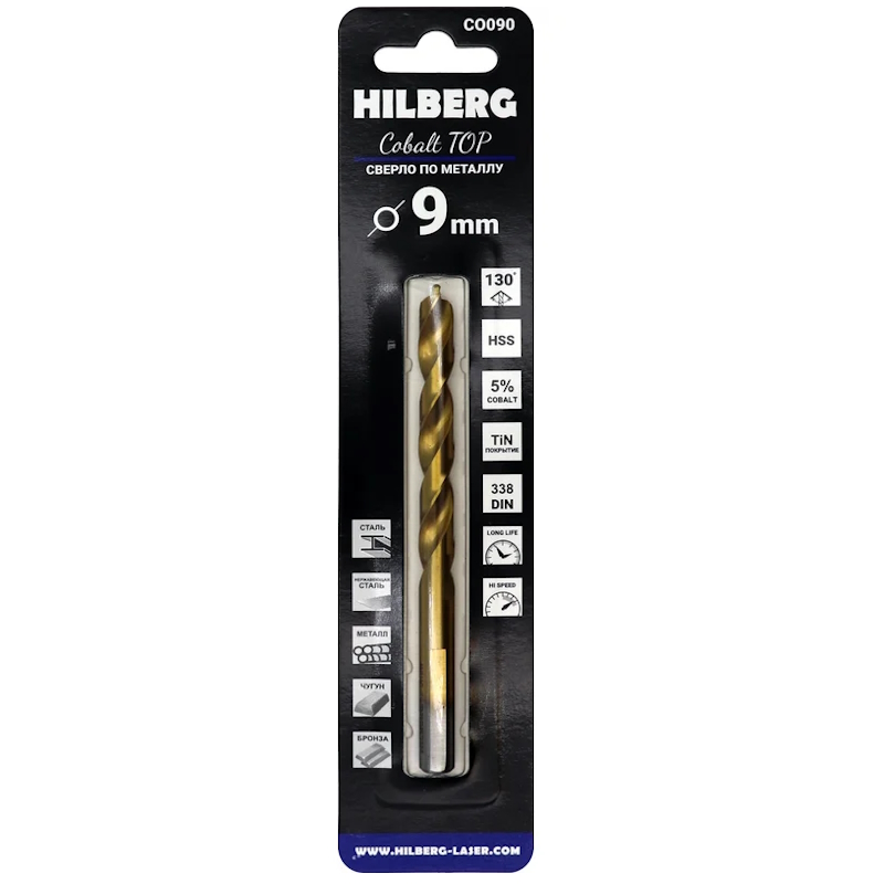 Сверло по металлу Hilberg CO090, 9.0*125(81)мм Cobalt 5% TOP в Твери